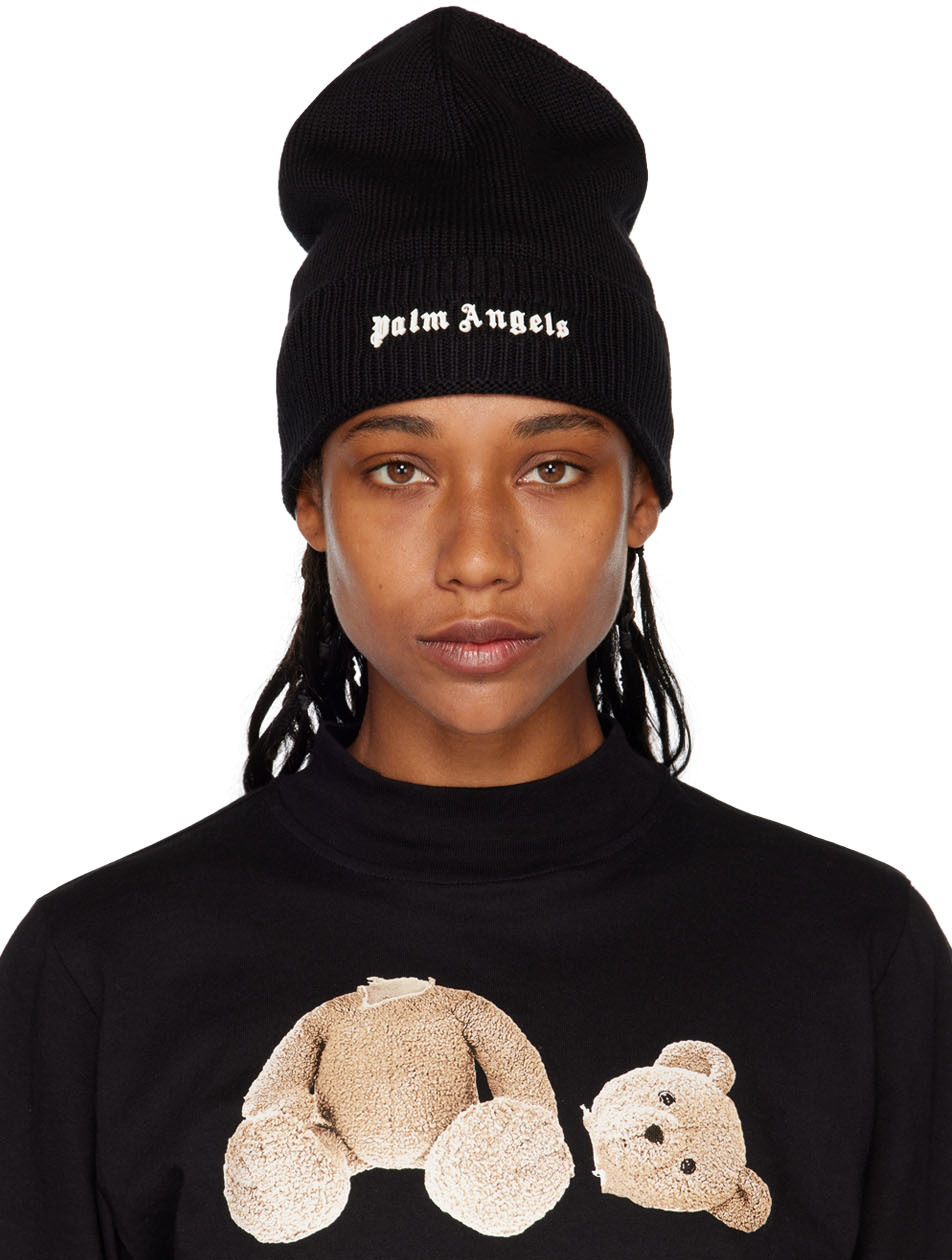 Black Classic Logo Beanie by Palm Angels on Sale