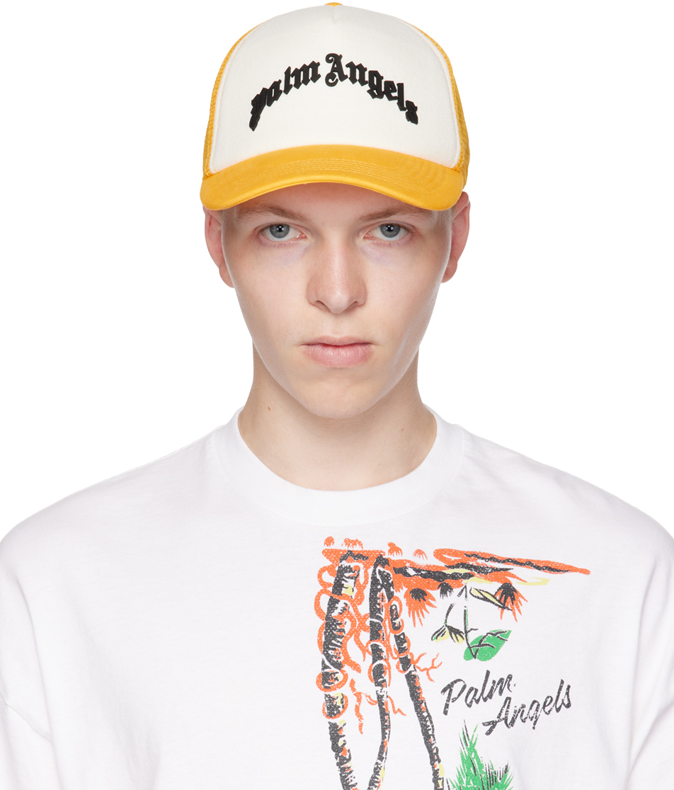 White & Yellow Paneled Cap by Palm Angels on Sale