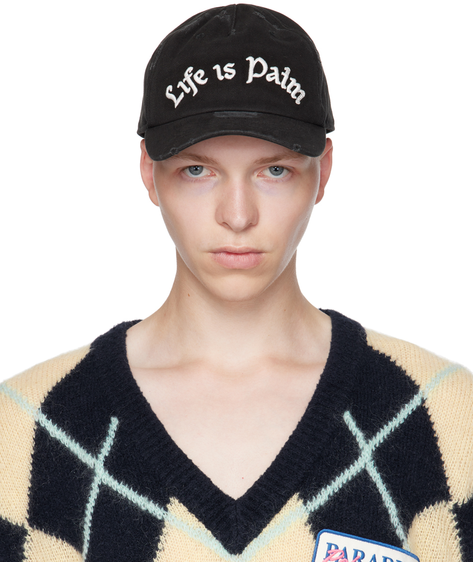 Palm Angels Black 'life Is Palm' Cap In Black White