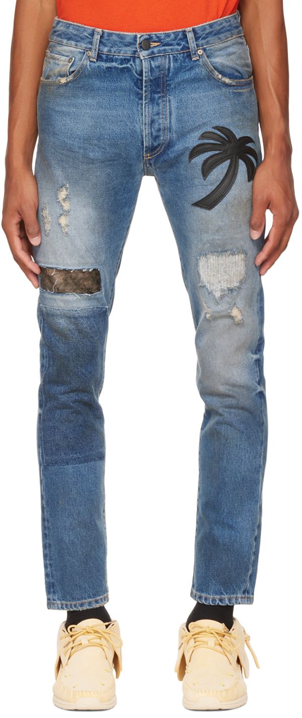 Palm Angels Blue Curved Palm Tree Jeans
