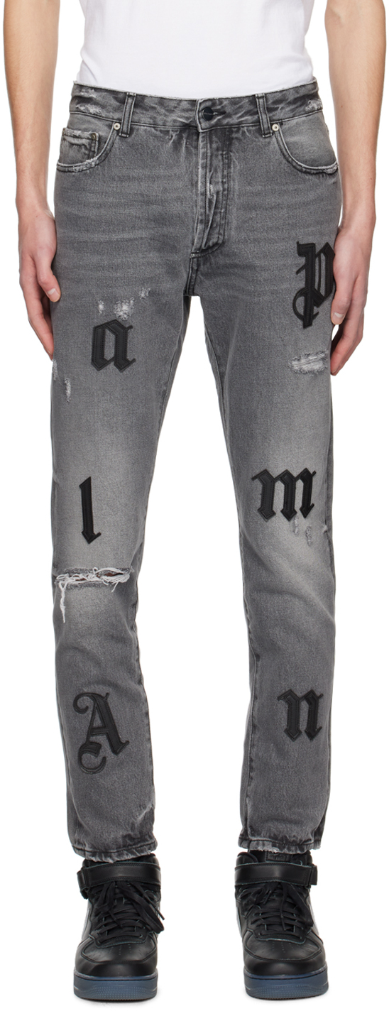 Palm Angels: Gray Logo Patch Classic Jeans | SSENSE