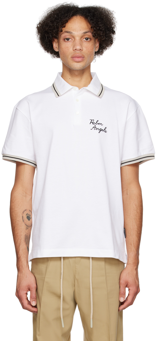 White Embroidered Polo by Palm Angels on Sale