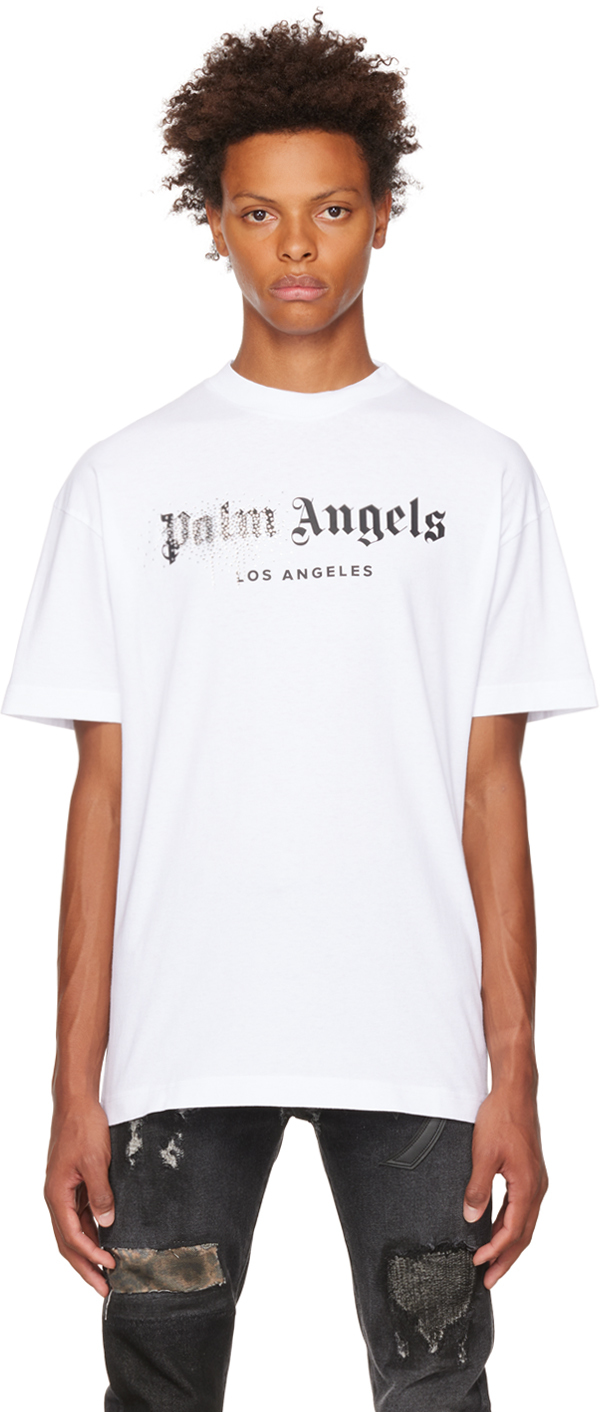 Palm Angels White Rhinestone Sprayed Classic T-Shirt