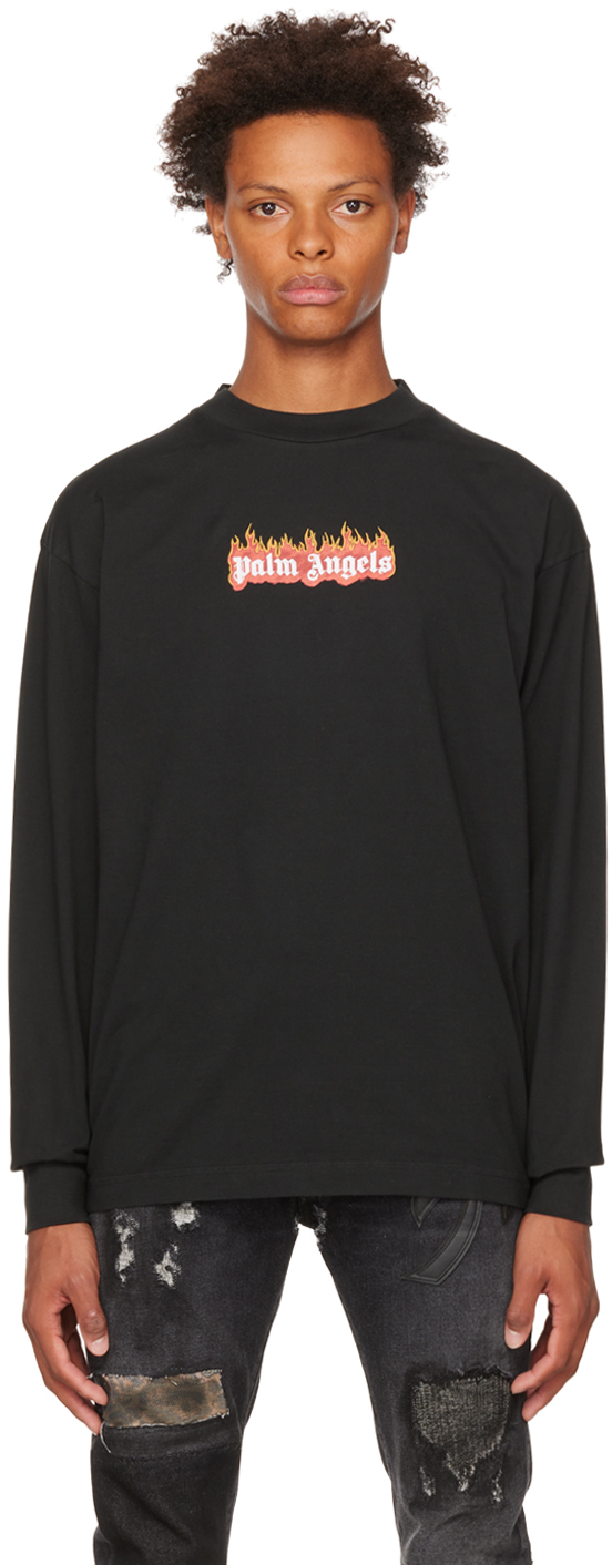 Palm Angels: Black Burning Logo Classic Long Sleeve T-Shirt | SSENSE Canada
