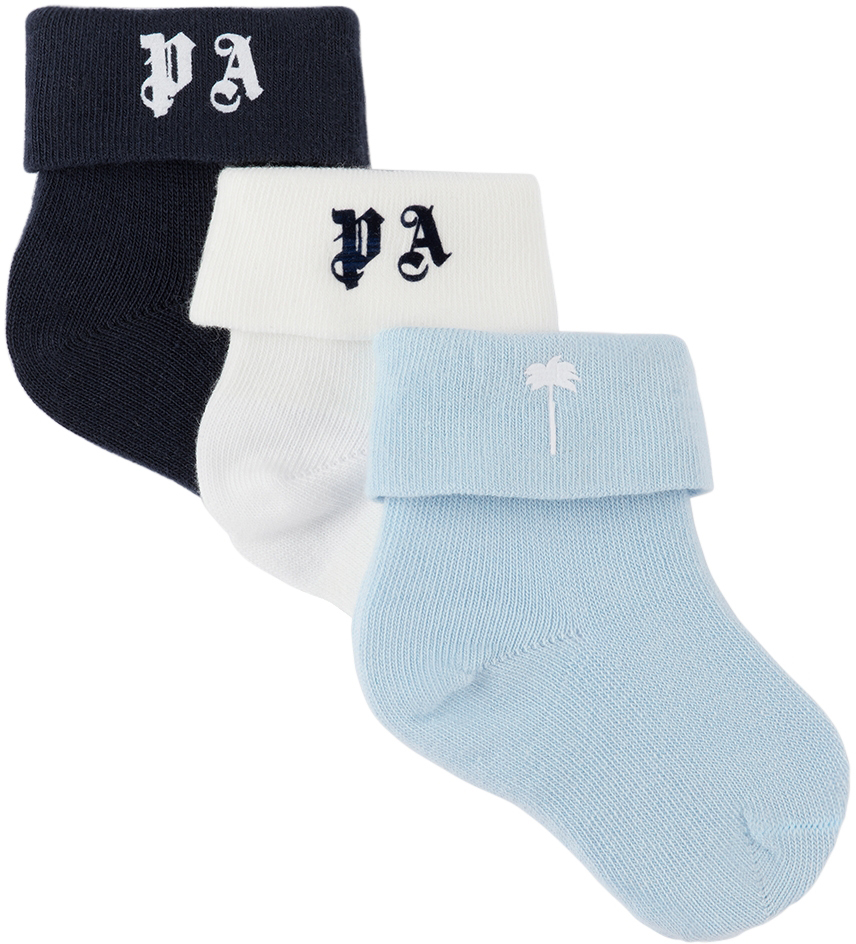 Palm Angels Baby Three-Pack Blue & White Logo Socks