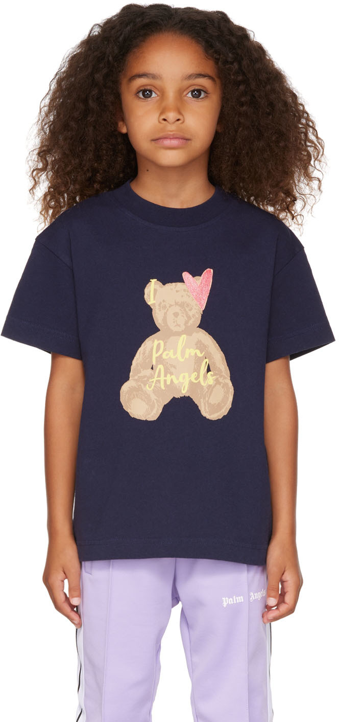Palm Angels Kids Navy Love Bear T-shirt In Navy Blue Beige