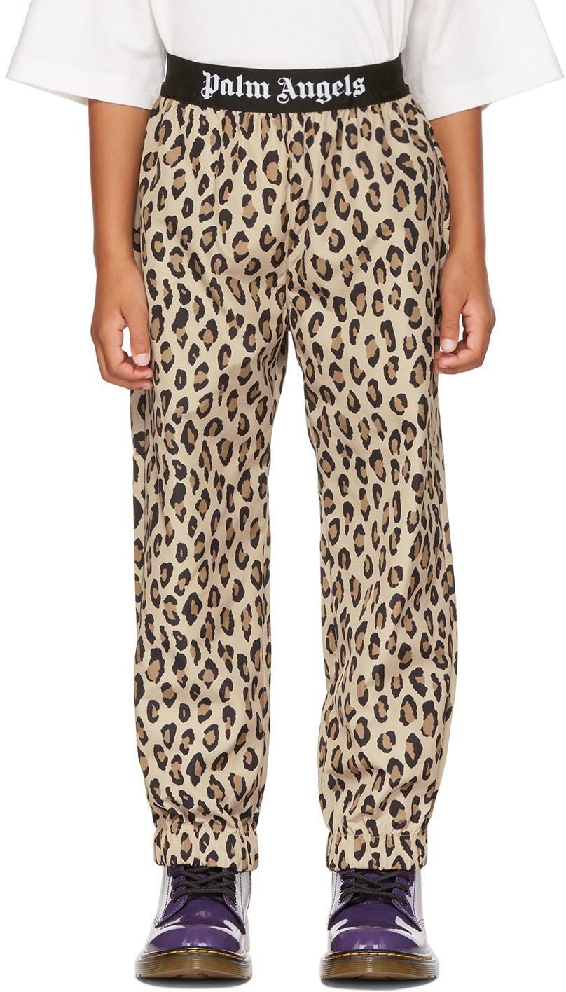Palm Angels Kids Brown Leopard Trousers In Beige Black