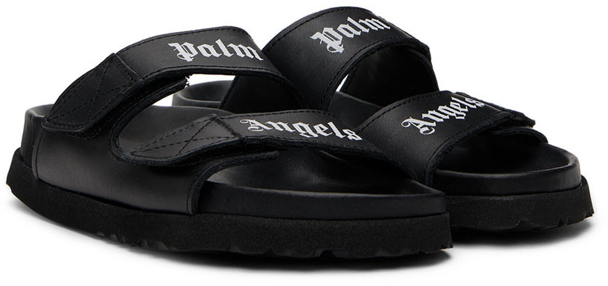 Palm Angels Kids Black Faux-leather Sandals In Black White