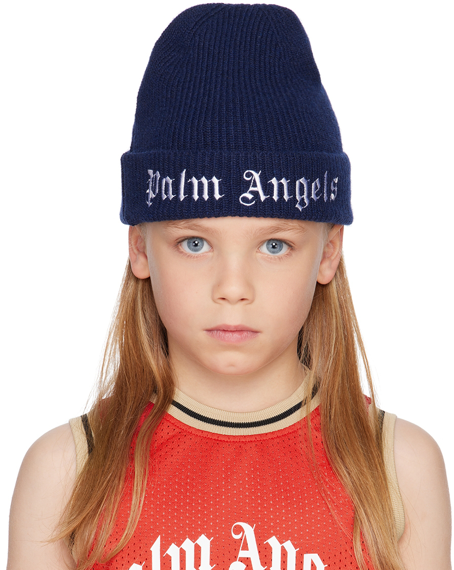 Kids Navy Embroidered Beanie by Palm Angels on Sale