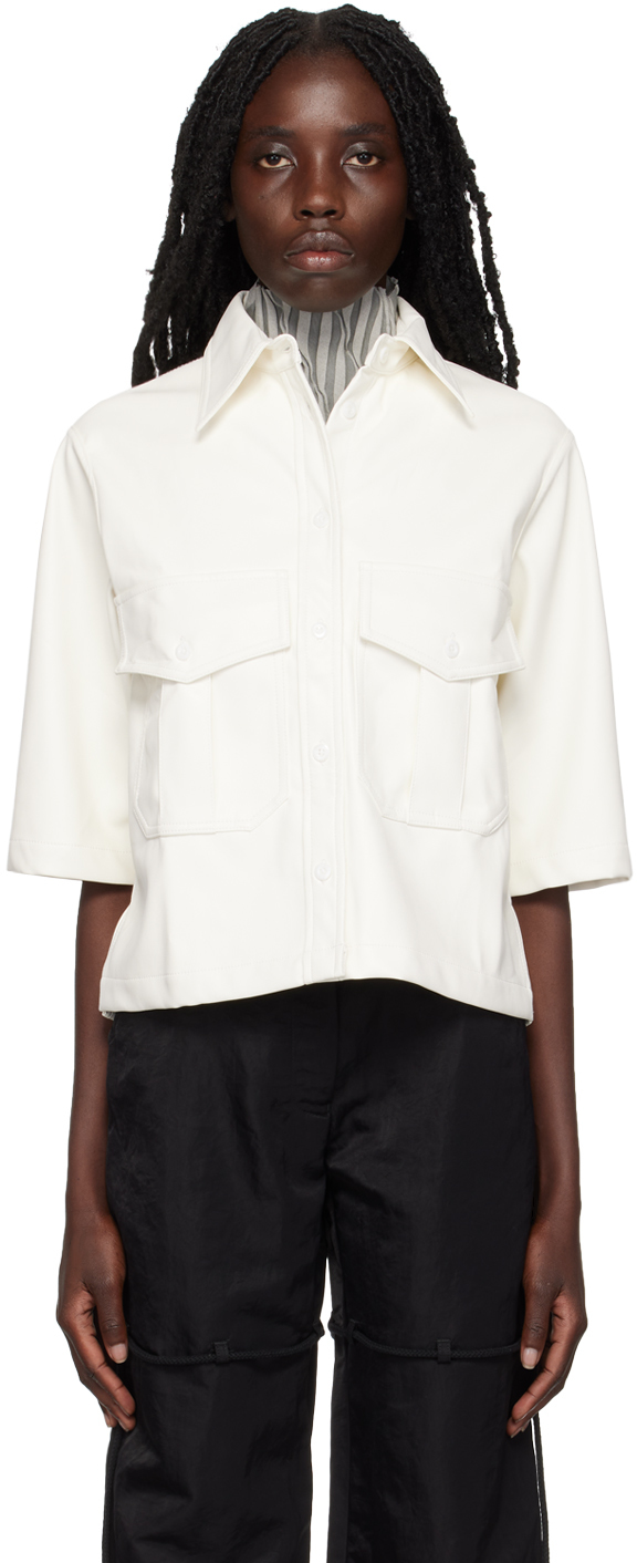 Song For The Mute White Cropped Military Faux-leather Shirt In Wht White