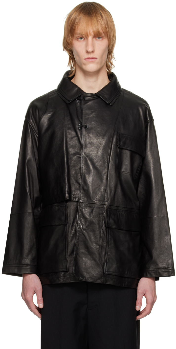 Meanswhile Black Double Collar Leather Jacket In Lamp Black