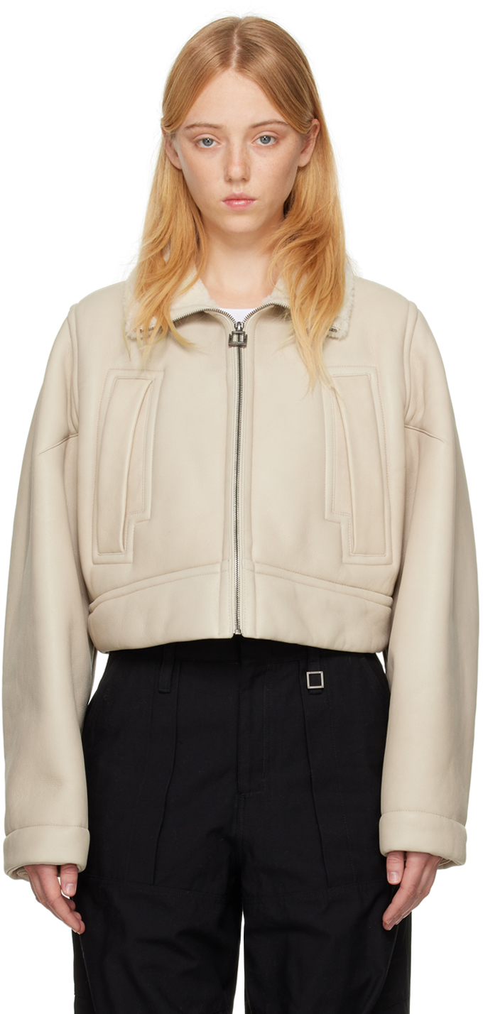 Beige Spread Collar Leather Jacket by Wooyoungmi on Sale