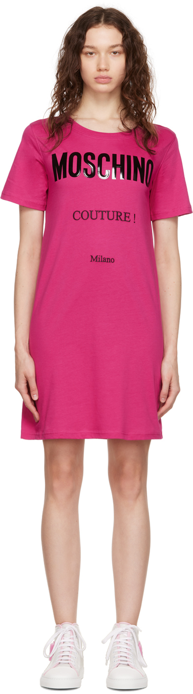 Moschino Cotton Dress With Multicolor Flocked Logo in Fuchsia Pink - Save 60% Womens Dresses Moschino Dresses 