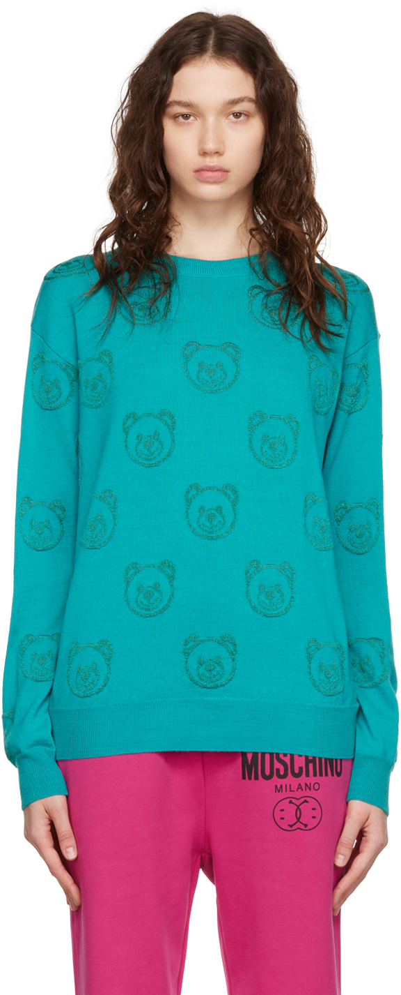 Green Allover Teddy Bear Sweater by Moschino on Sale