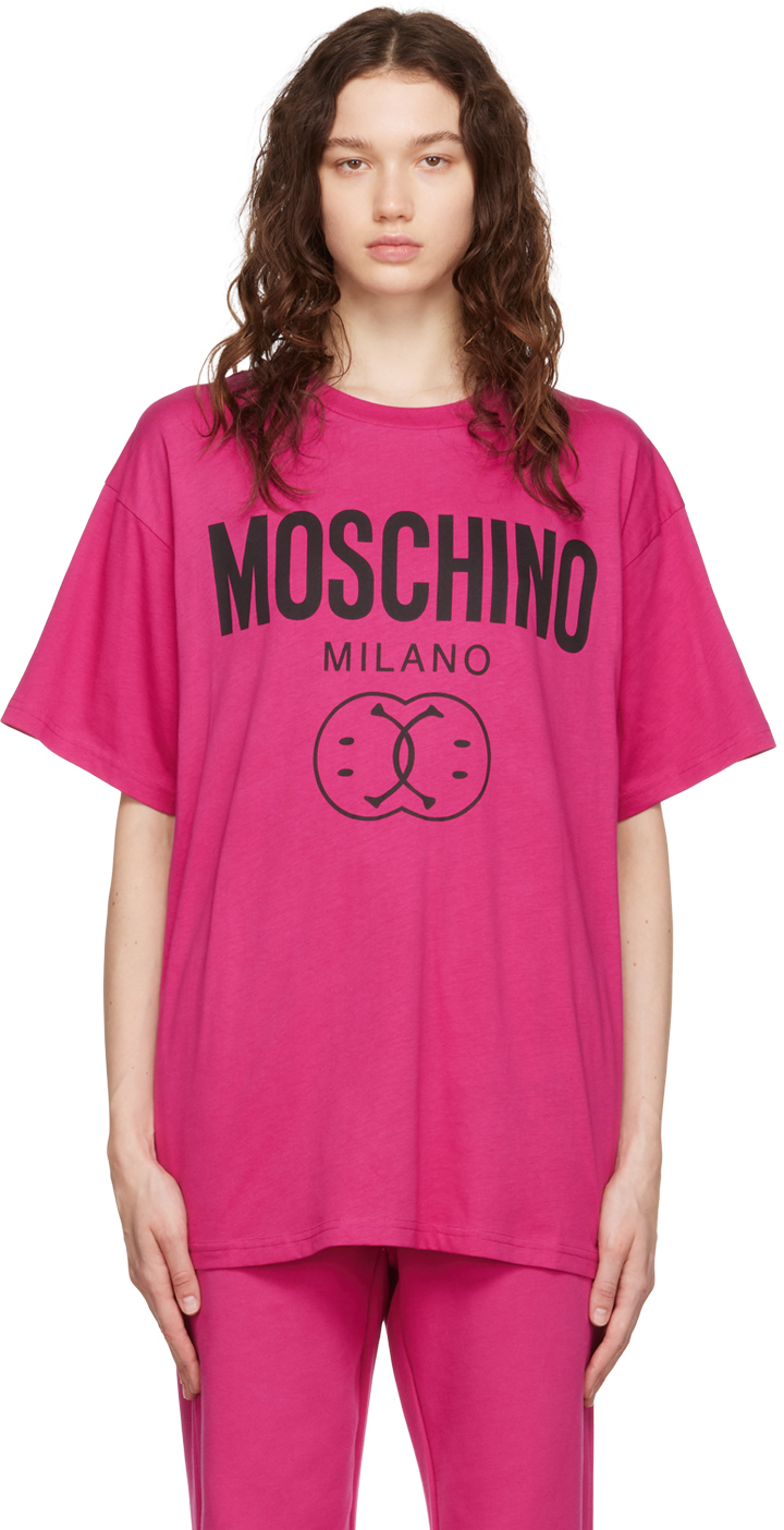 Moschino: Pink Smiley Edition Double Smiley T-Shirt | SSENSE