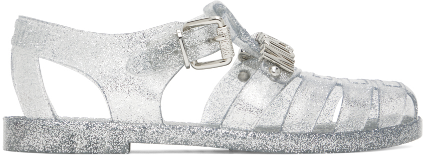 Moschino Silver Lettering Logo Jelly Sandals
