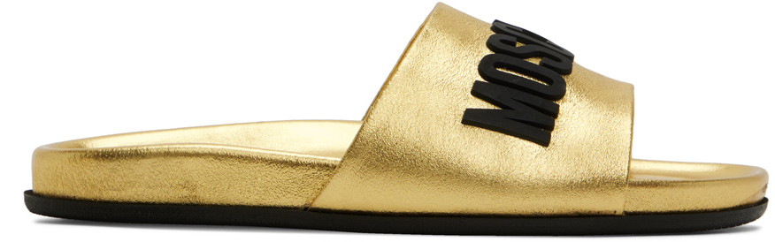 Moschino Gold Rubber Logo Slides In 901 * Oro