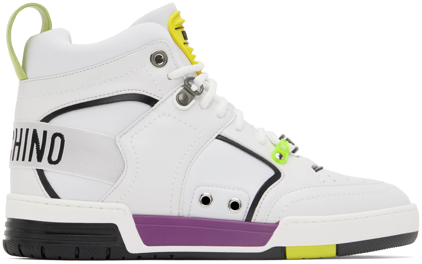 Shop Moschino White Streetball High-top Sneakers In 10a Fantasy Color