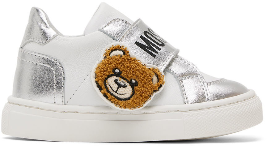 Moschino Baby White & Silver Teddy Velcro Sneakers In Silver Var. 2