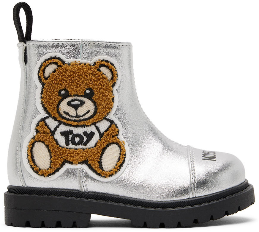 Moschino Baby Silver Teddy Chelsea Boots In Silver Var. 1