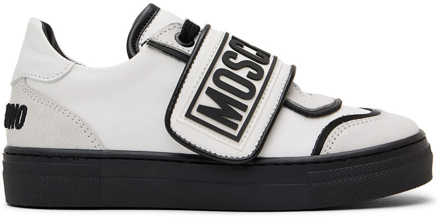 Moschino Kids White & Black Leather Sneakers In White Var. 1