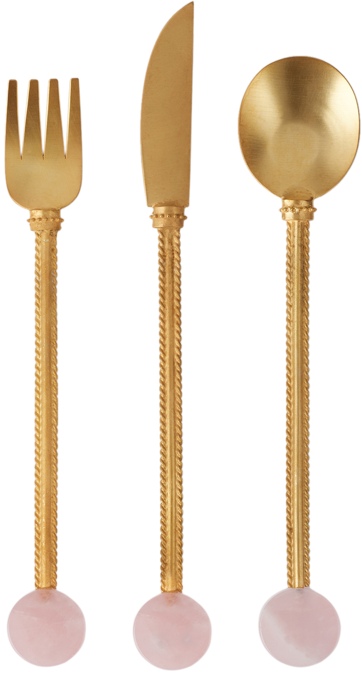 Natalia Criado Gold Stone Cutlery Set In Rose Quartz