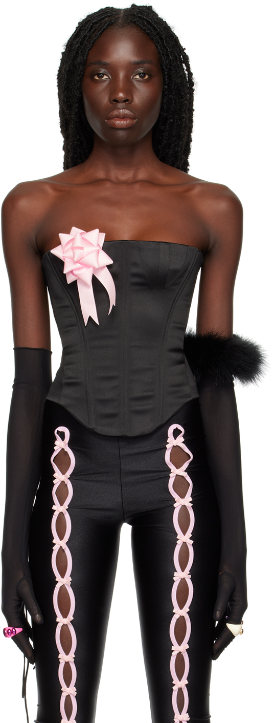 Fanc Black Ribbon Corset In Black/pink | ModeSens