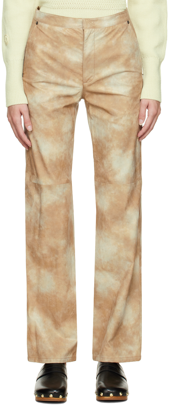 Beige Tie-Dye Faux-Leather Trousers