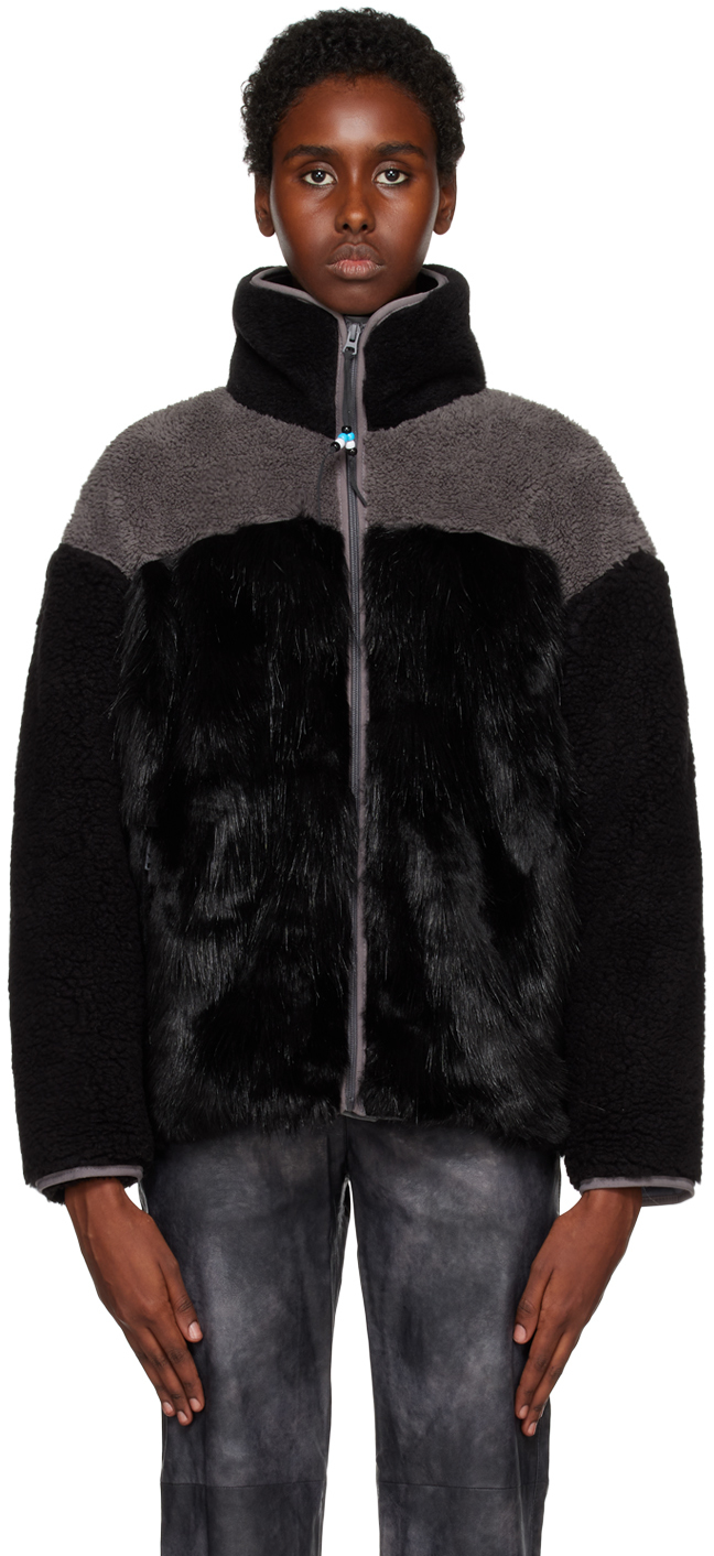 Shop Theopen Product Black & Gray Paneled Zip-up Faux-fur Sweater