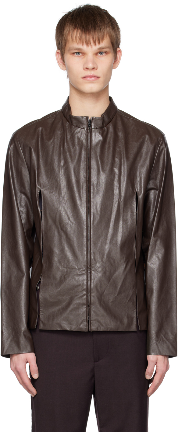 Theopen Product Ssense Exclusive Brown Slit Faux-leather Jacket In Dark Brown
