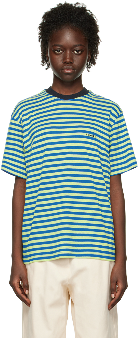 Sunnei Blue Reversible T-shirt In Bgs Blue/green Strip