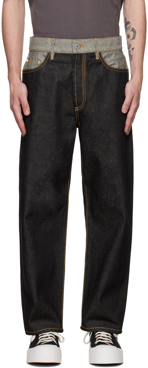 Black Contrast Stitching Jeans by SUNNEI on Sale