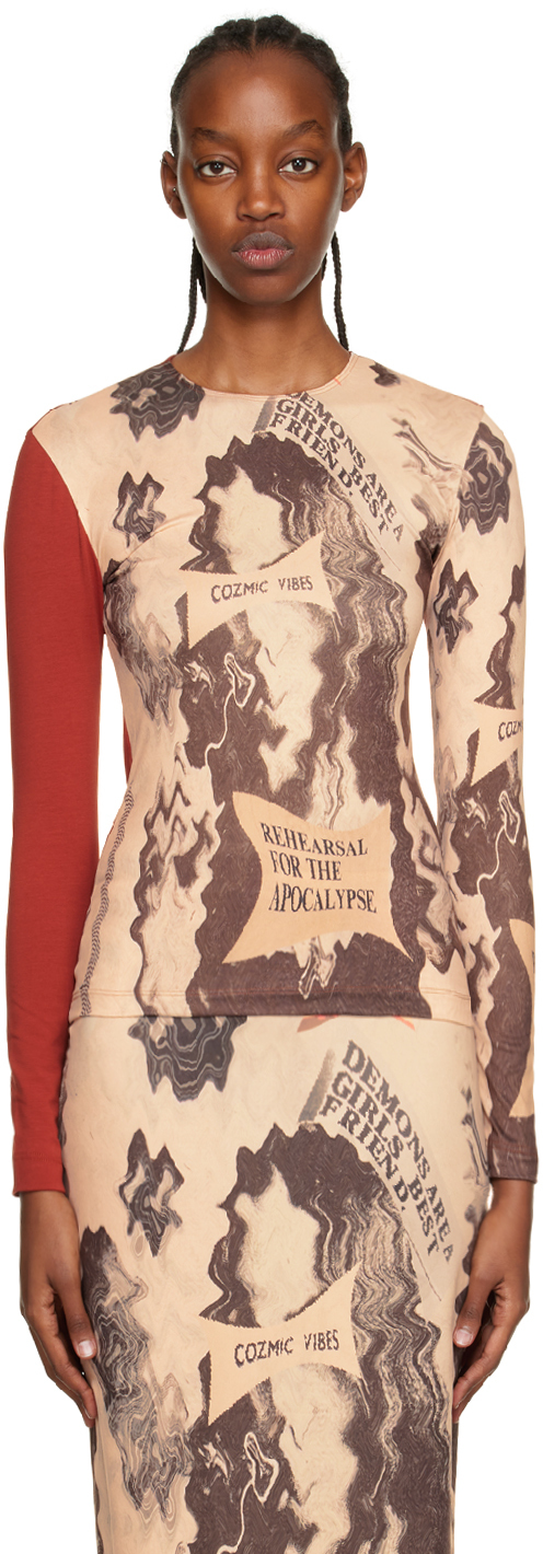 Elliss Beige Cosmic Vibes Long Sleeve T-shirt In Cosmic Vibes/rust Sl