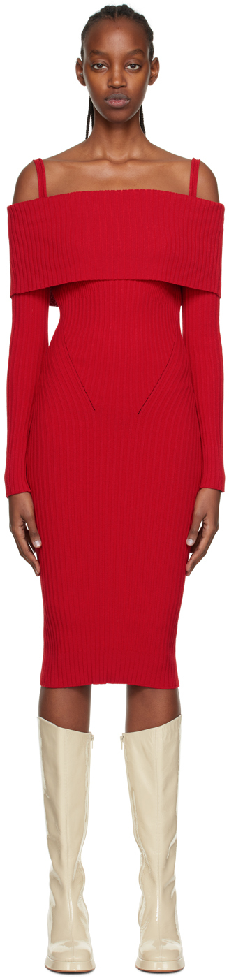 ANDREĀDAMO Red Ribbed Midi Dress