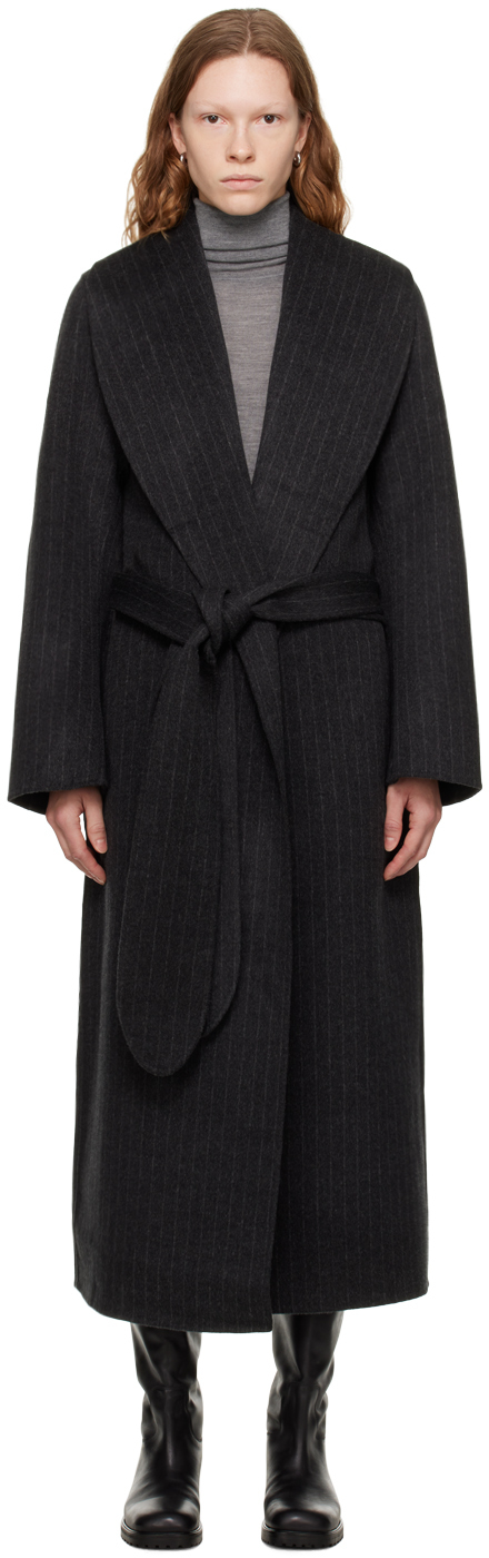 Totême: Gray Pinstripe Robe Coat | SSENSE Canada