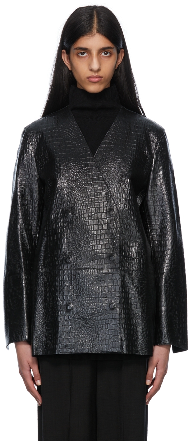 Totême Black Croc-Embossed Leather Jacket