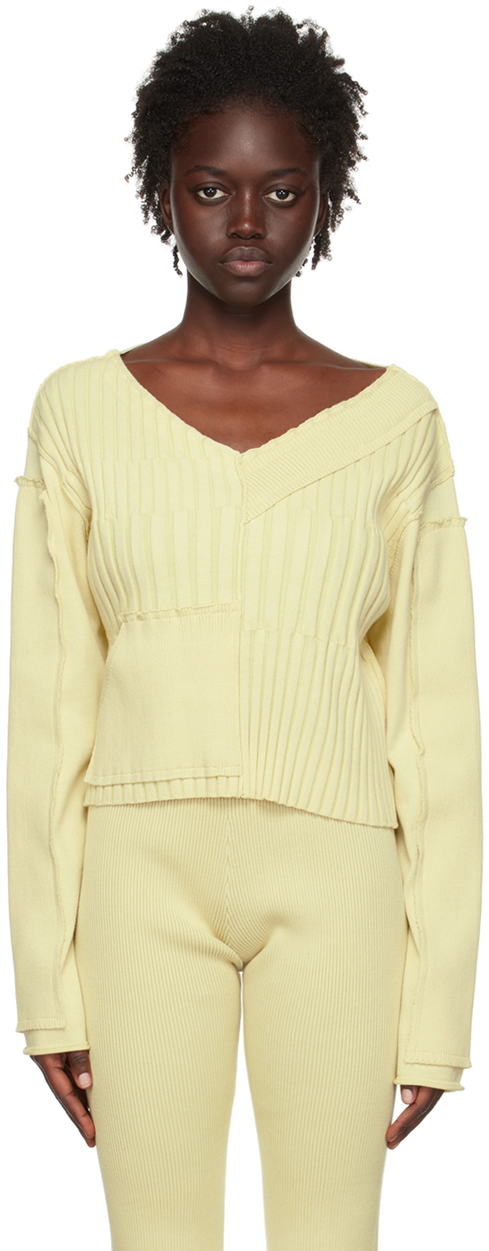 Off-White Multi Rib V-Neck Sweater by PERVERZE on Sale