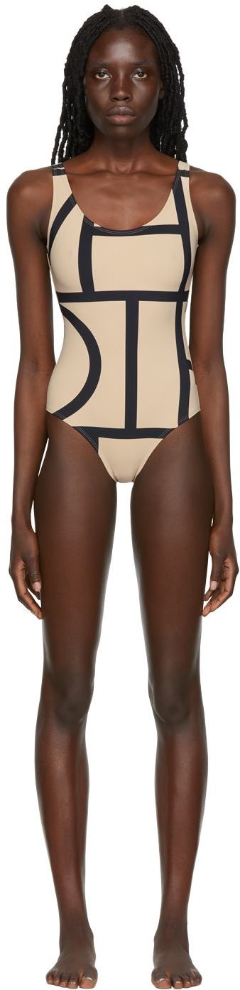 TOTÊME BLACK & BEIGE MONOGRAM ONE-PIECE SWIMSUIT