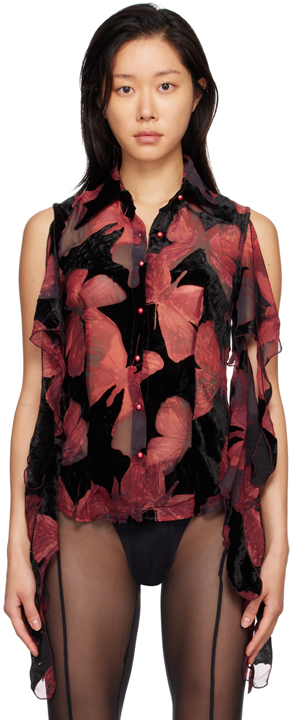 KIM SHUI SSENSE Exclusive Black & Red Butterfly Tie Shirt