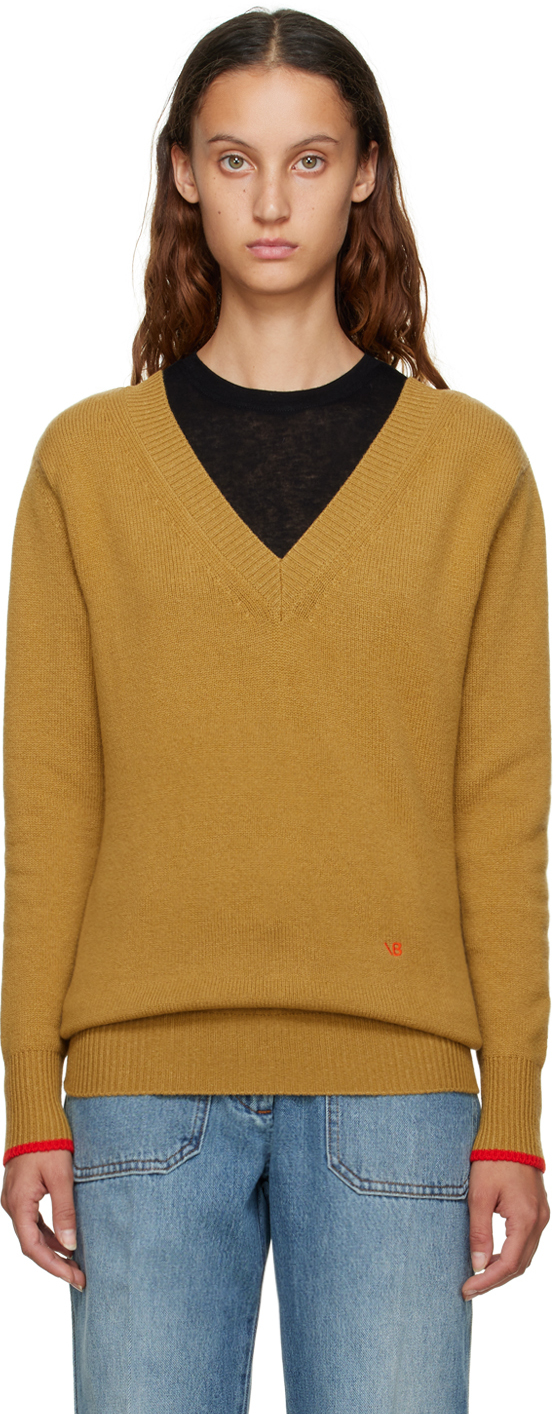 Khaki Double V-Neck Sweater