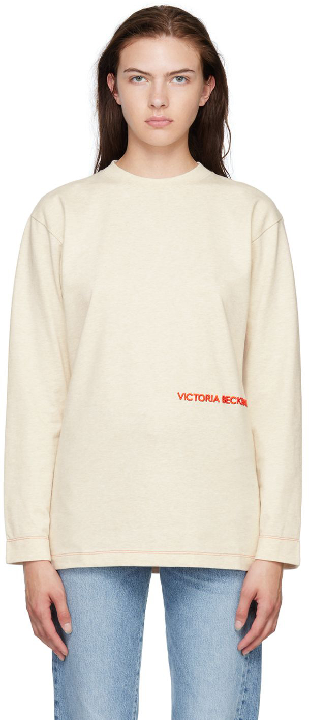 Victoria Beckham: Beige Embroidered T-Shirt | SSENSE