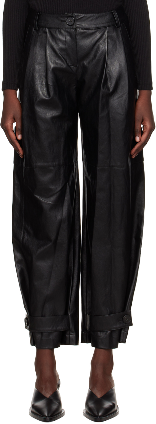 Black Pleated Faux-Leather Trousers
