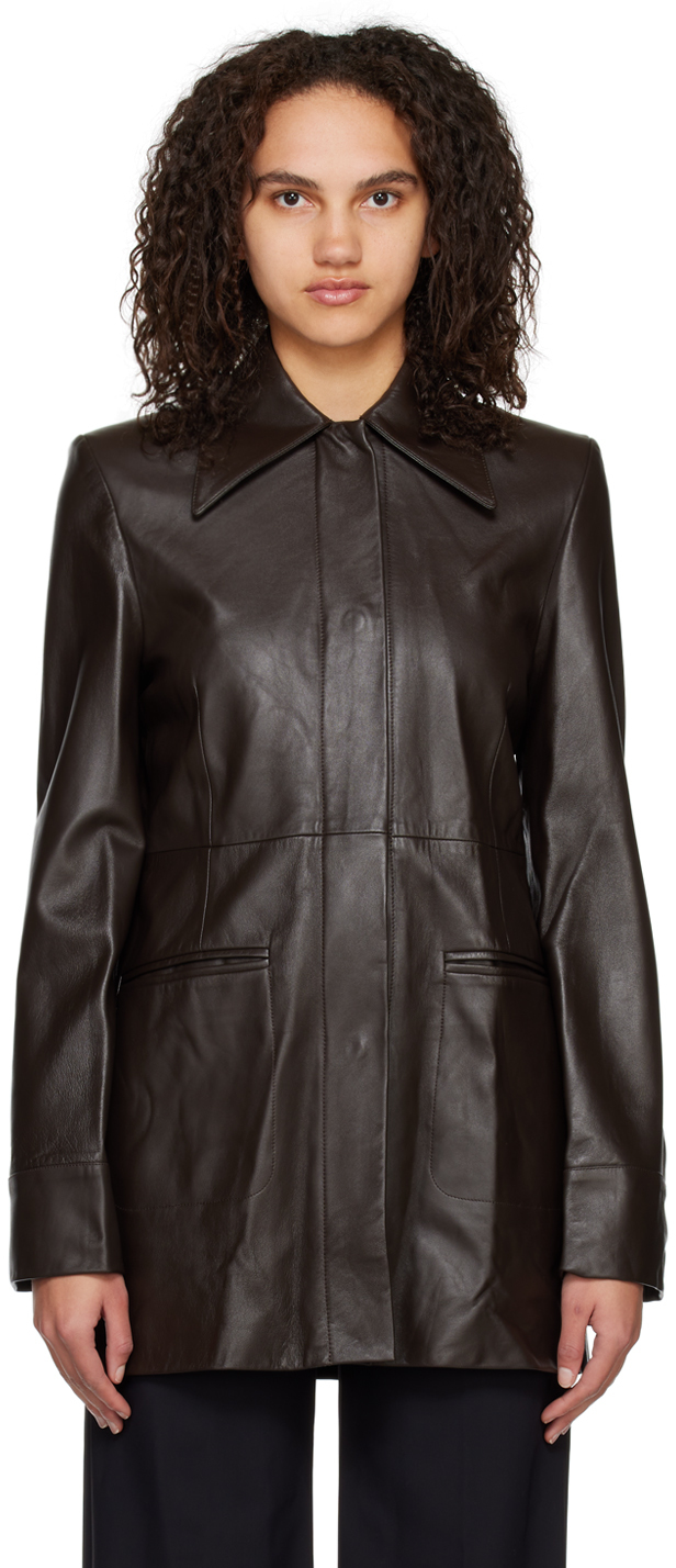 Shop Elleme Brown Mid Leather Jacket