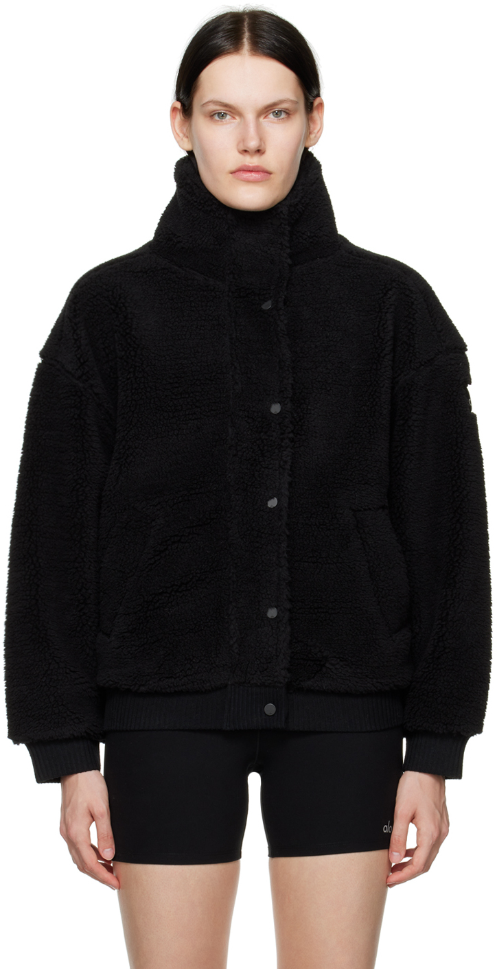 Alo: Black Sherpa Varsity Jacket | SSENSE