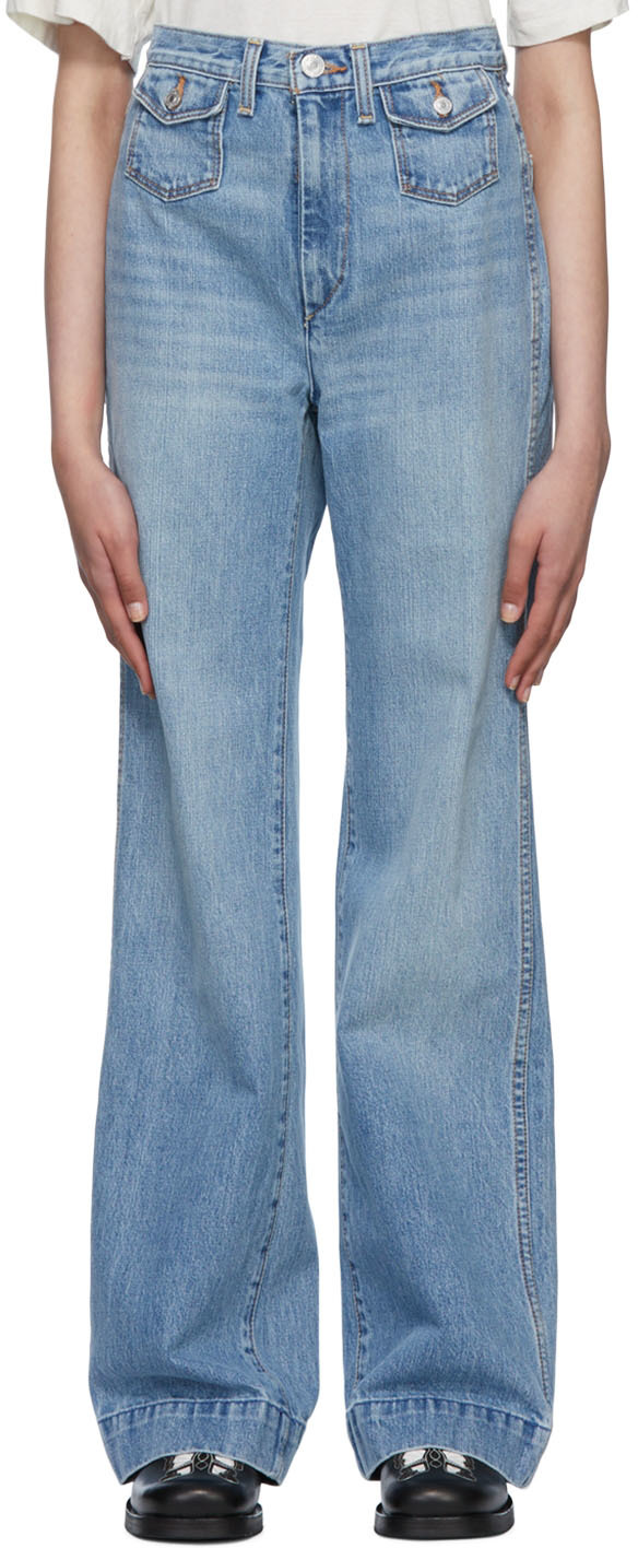 Shop Re/done Blue 70s Pocket Wide Leg Jeans In Vintage Fade