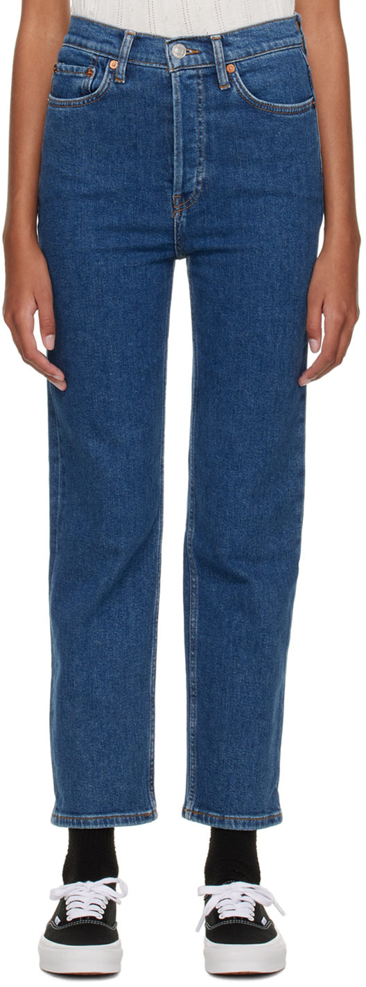 Re/done Navy Ultra High Rise Stove Pipe Jeans In Medium 3