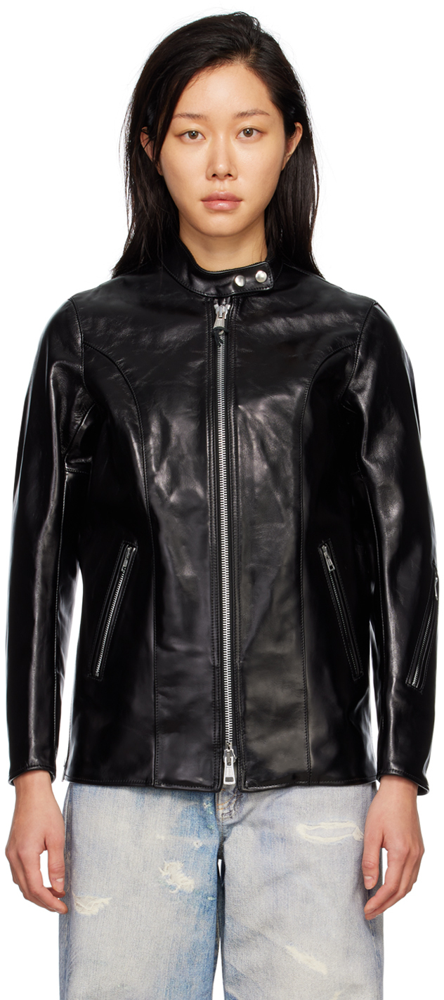 SSENSE Women Clothing Jackets Leather Jackets Black Shearling Collar Leather Jacket 