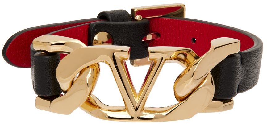 Valentino Garavani Black VLogo Chain Leather Bracelet