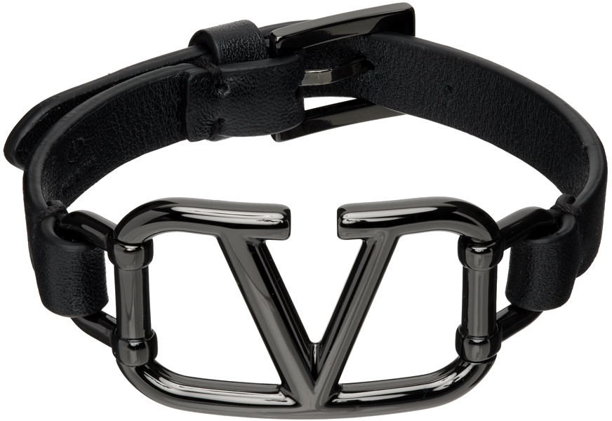 Valentino Garavani Black V-logo Belt With Silver Logo Buckle On