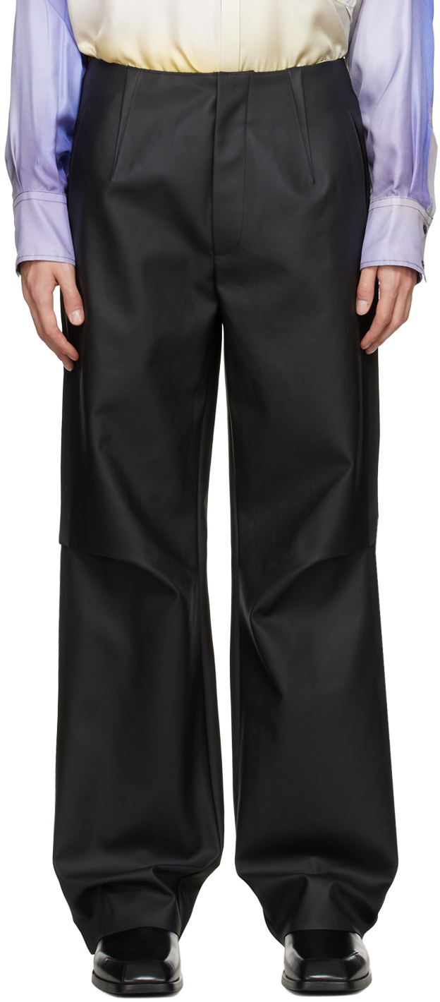 Black Inverted Seams Faux-Leather Trousers by GAUCHERE on Sale